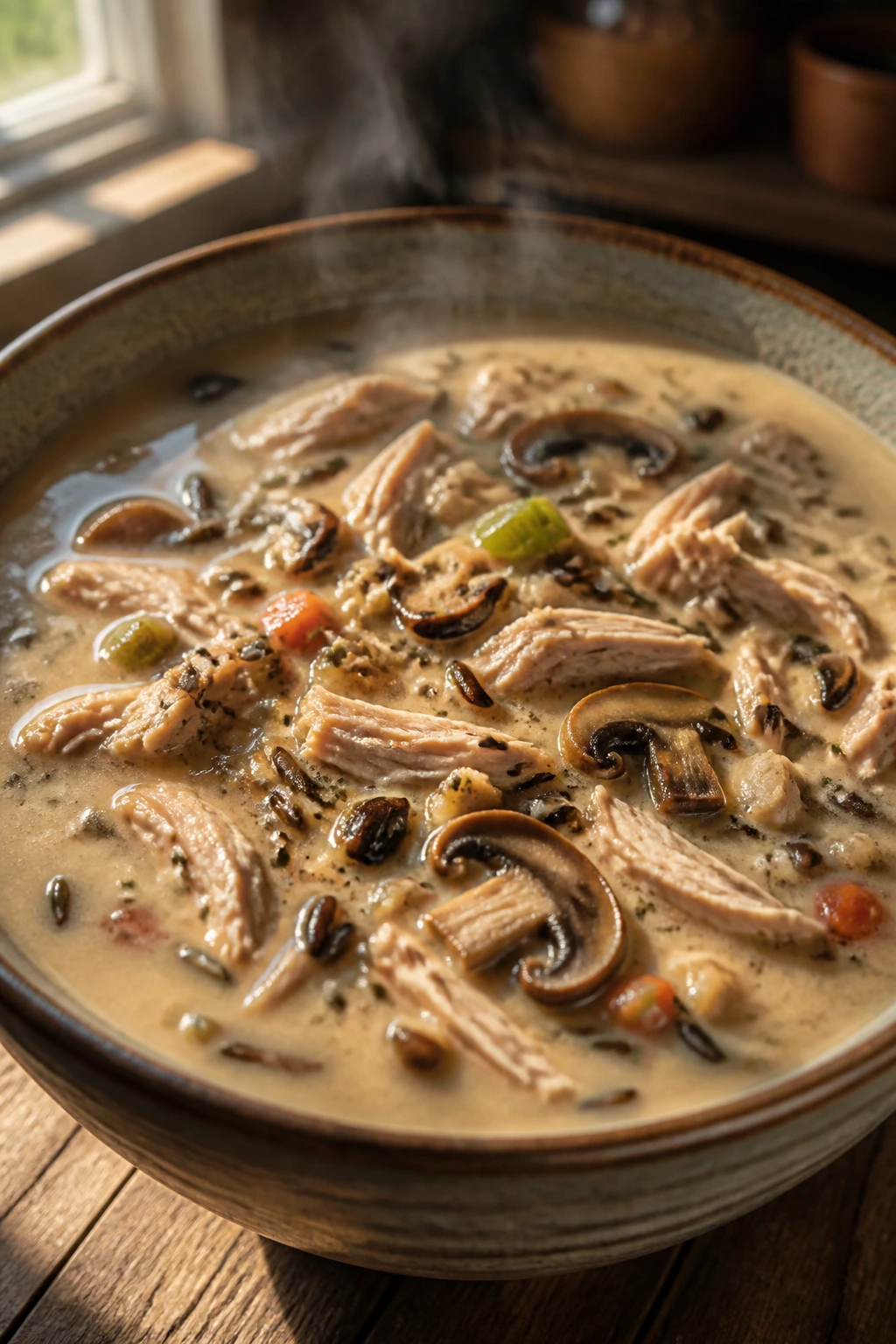 Close-up of turkey and wild rice soup in a rustic bowl