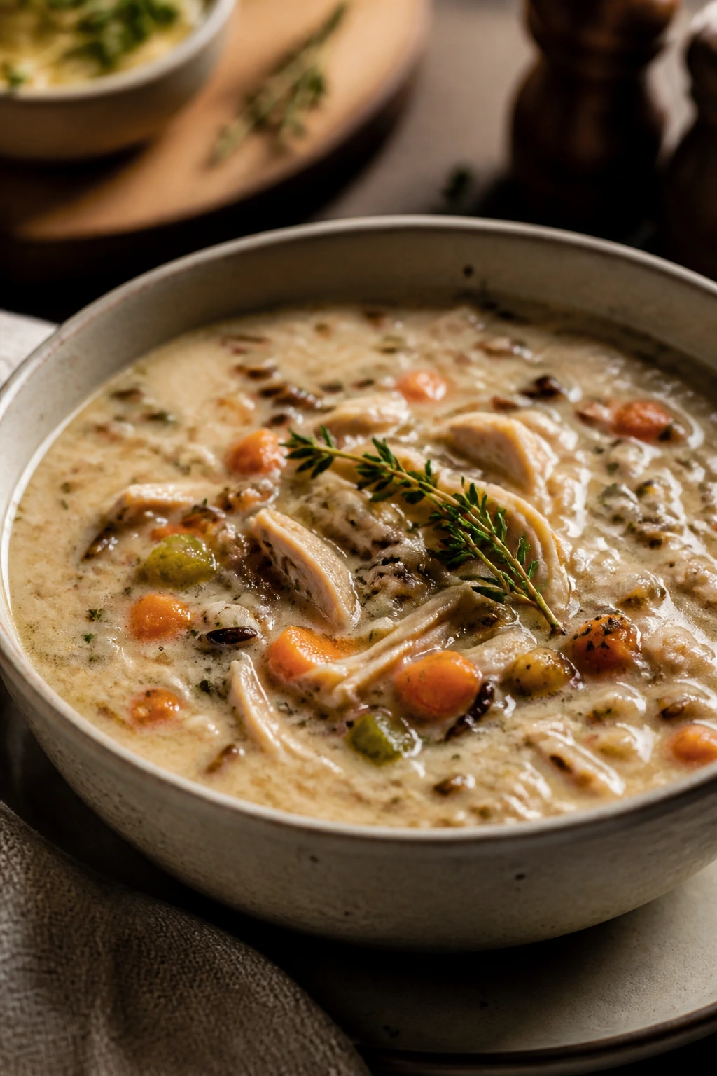 Creamy turkey wild rice soup with visible rice and turkey.