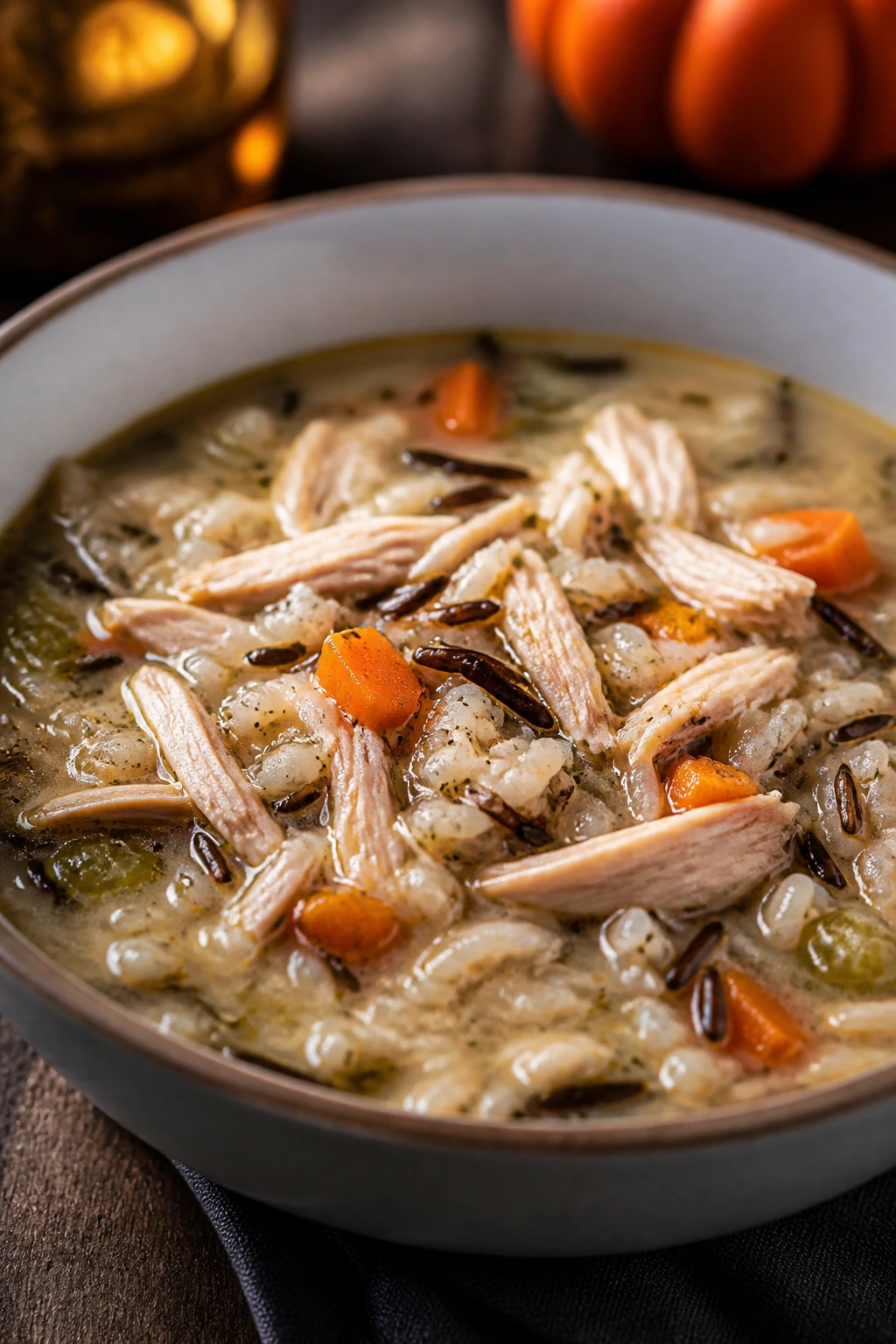 Turkey and wild rice soup in a bowl with visible grains and turkey