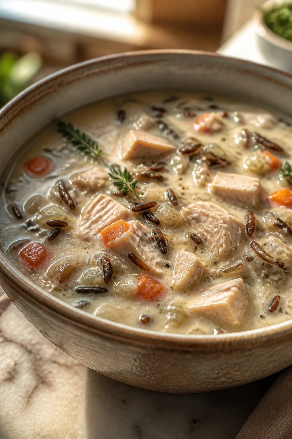 Creamy turkey wild rice soup in a rustic bowl on a cozy kitchen counter