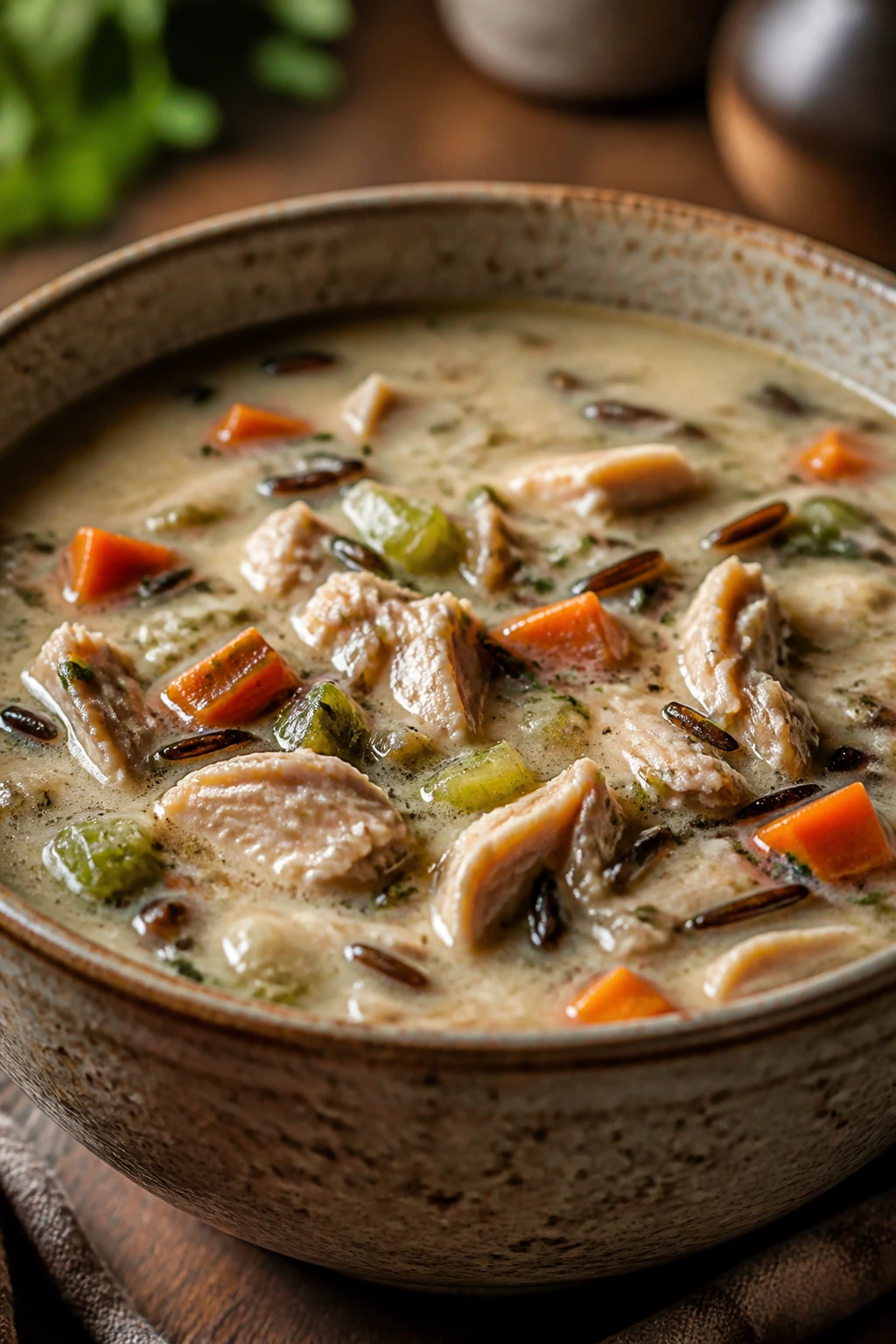 Creamy turkey wild rice soup with visible turkey and wild rice in a bowl
