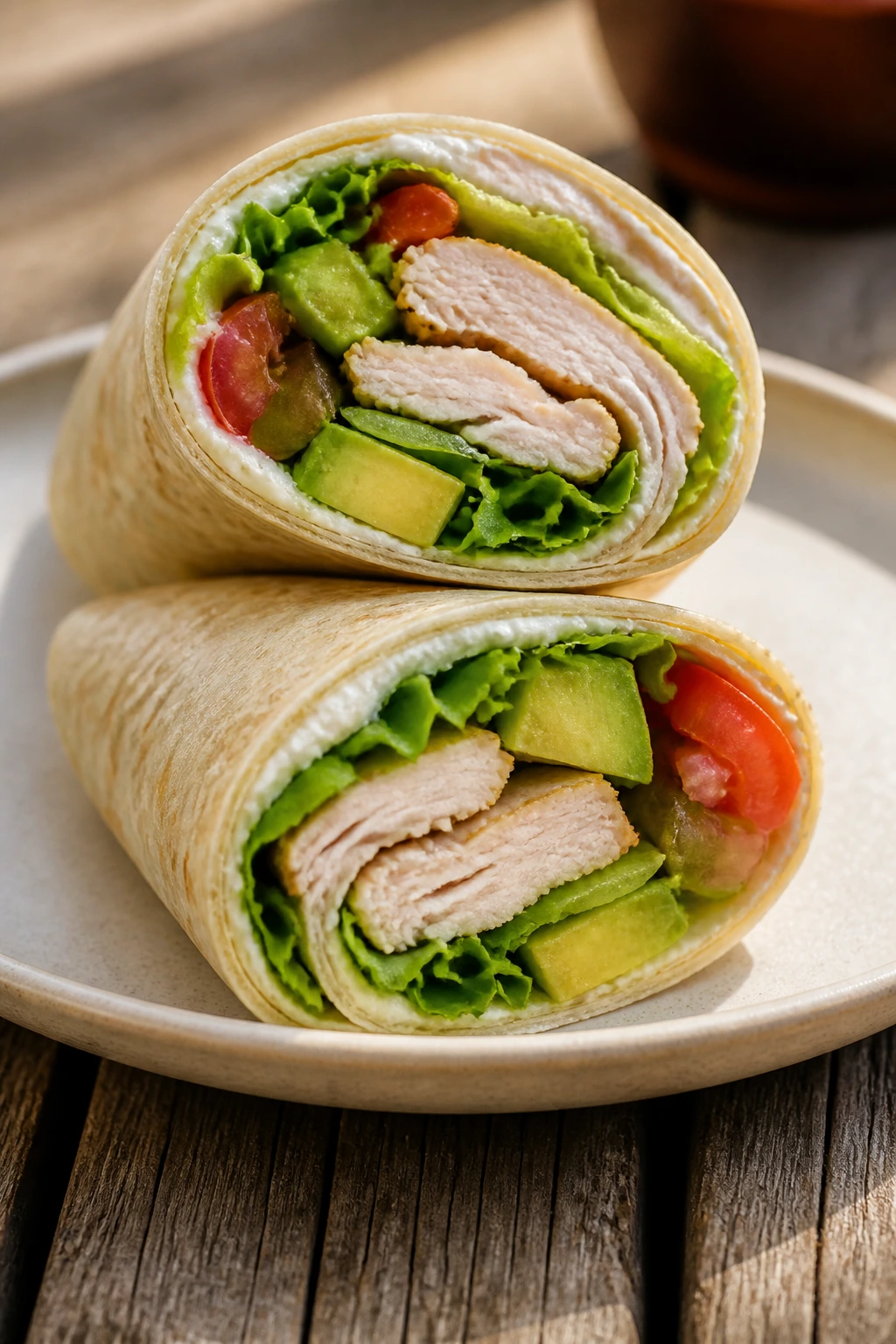 Cross-sectioned turkey avocado wrap showing inside fillings
