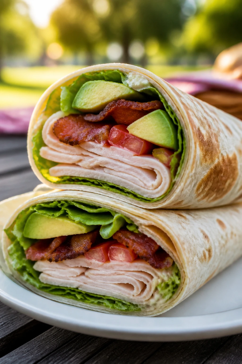 Close-up cross-section of turkey avocado club wrap.