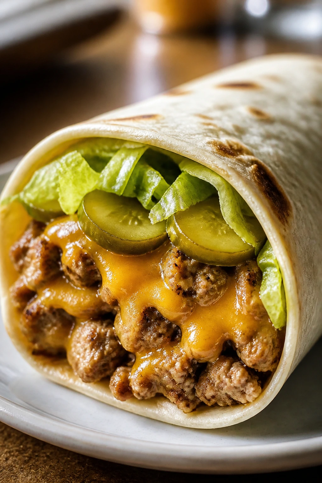 Close-up of turkey cheeseburger wrap with cheddar and greens