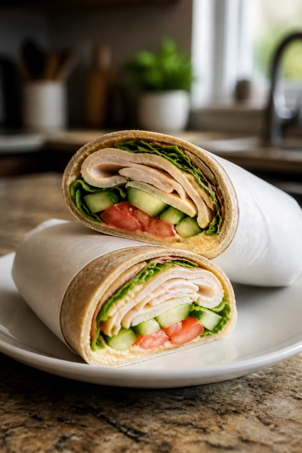 Close-up of a turkey wrap with hummus and fresh veg.