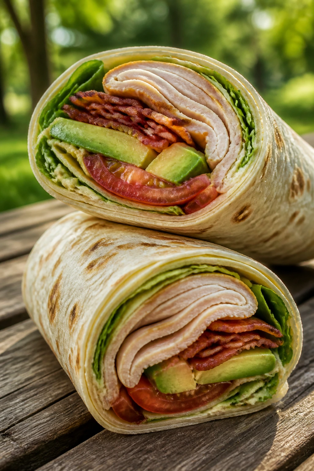 Close-up of a sliced turkey club wrap revealing turkey, bacon, avocado and tomato on a wooden picnic table.
