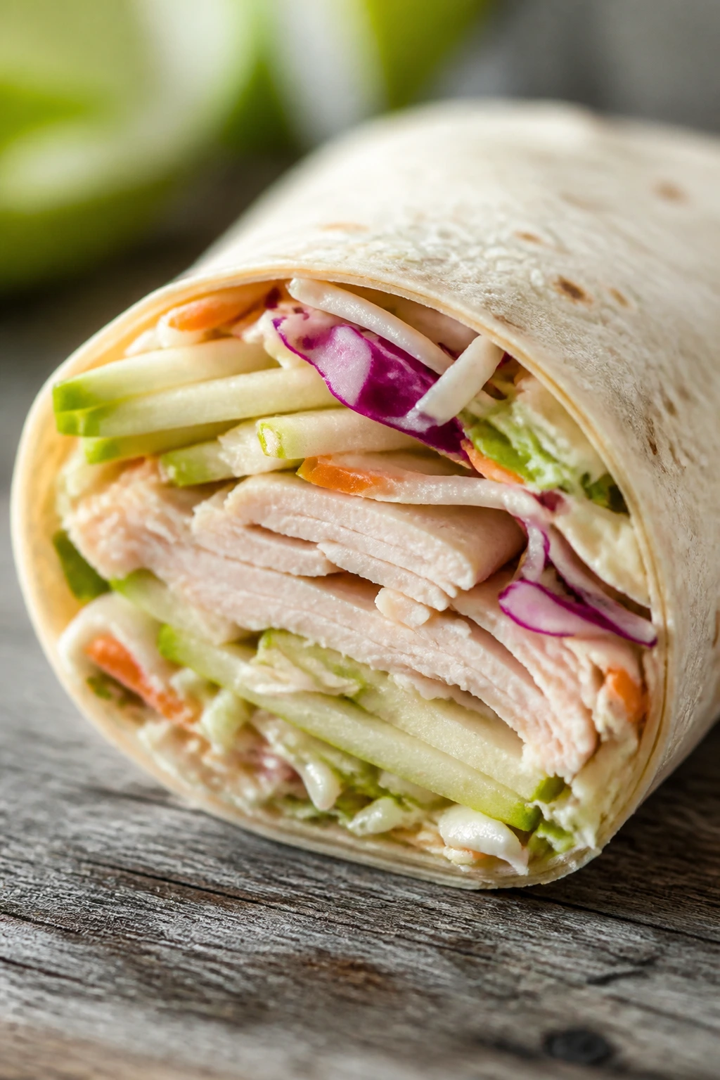 Close-up of a turkey-apple slaw wrap sliced to reveal filling