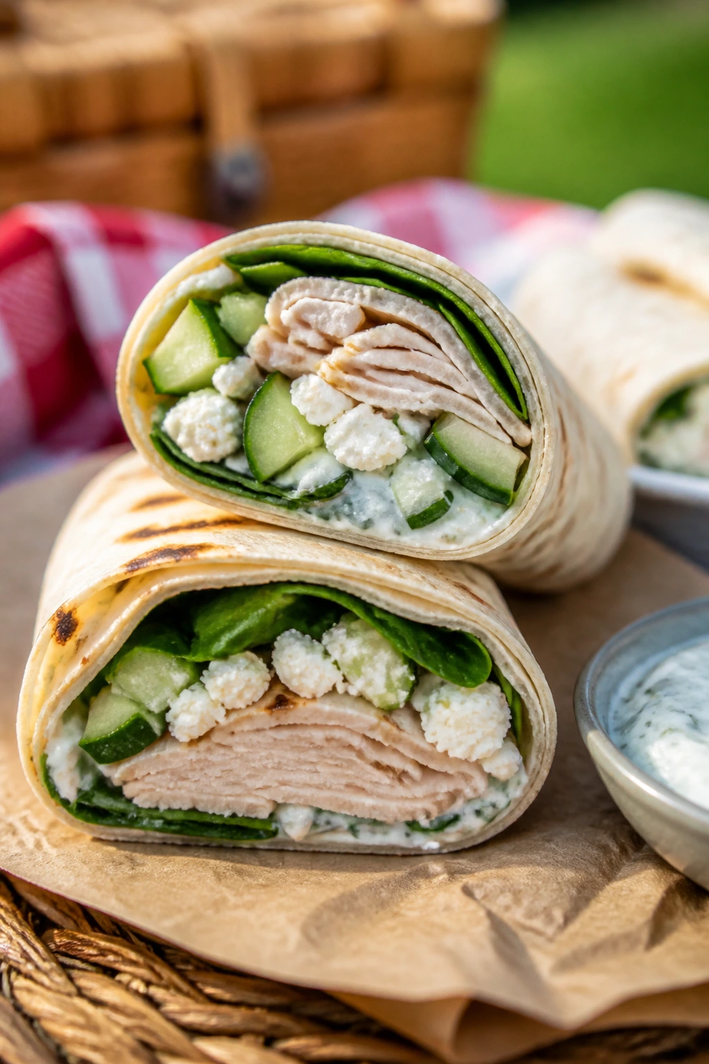 Close-up of a Mediterranean turkey wrap with tzatziki and cucumber