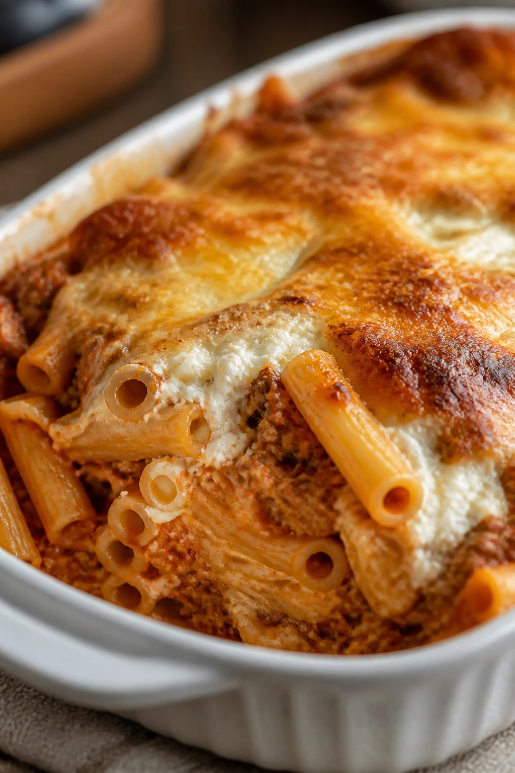 Baked ziti with turkey bolognese and cottage cheese topping