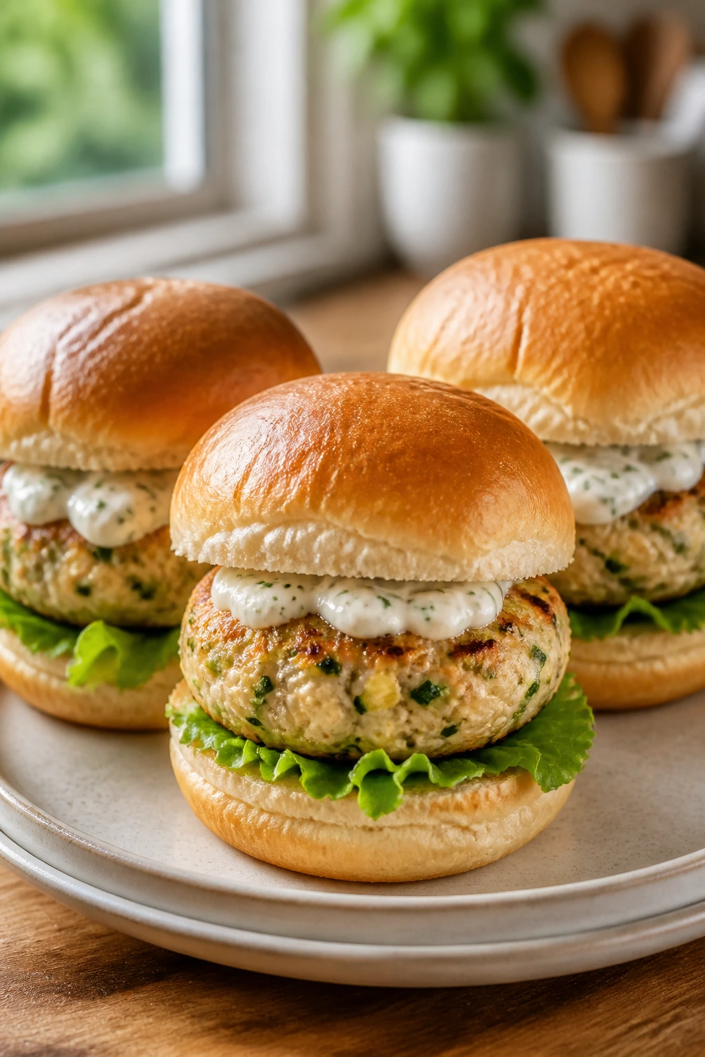 Close-up of turkey and zucchini burgers on buns