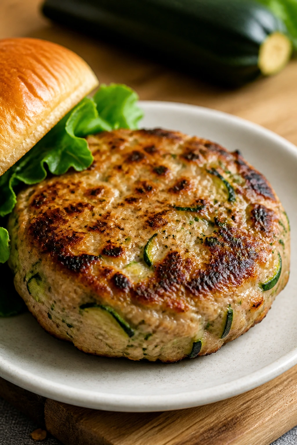 Close-up of turkey zucchini burger patty on a plate