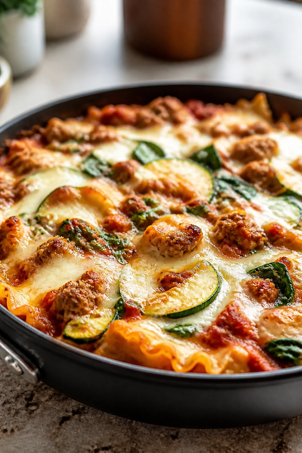 Turkey zucchini skillet lasagna in a skillet
