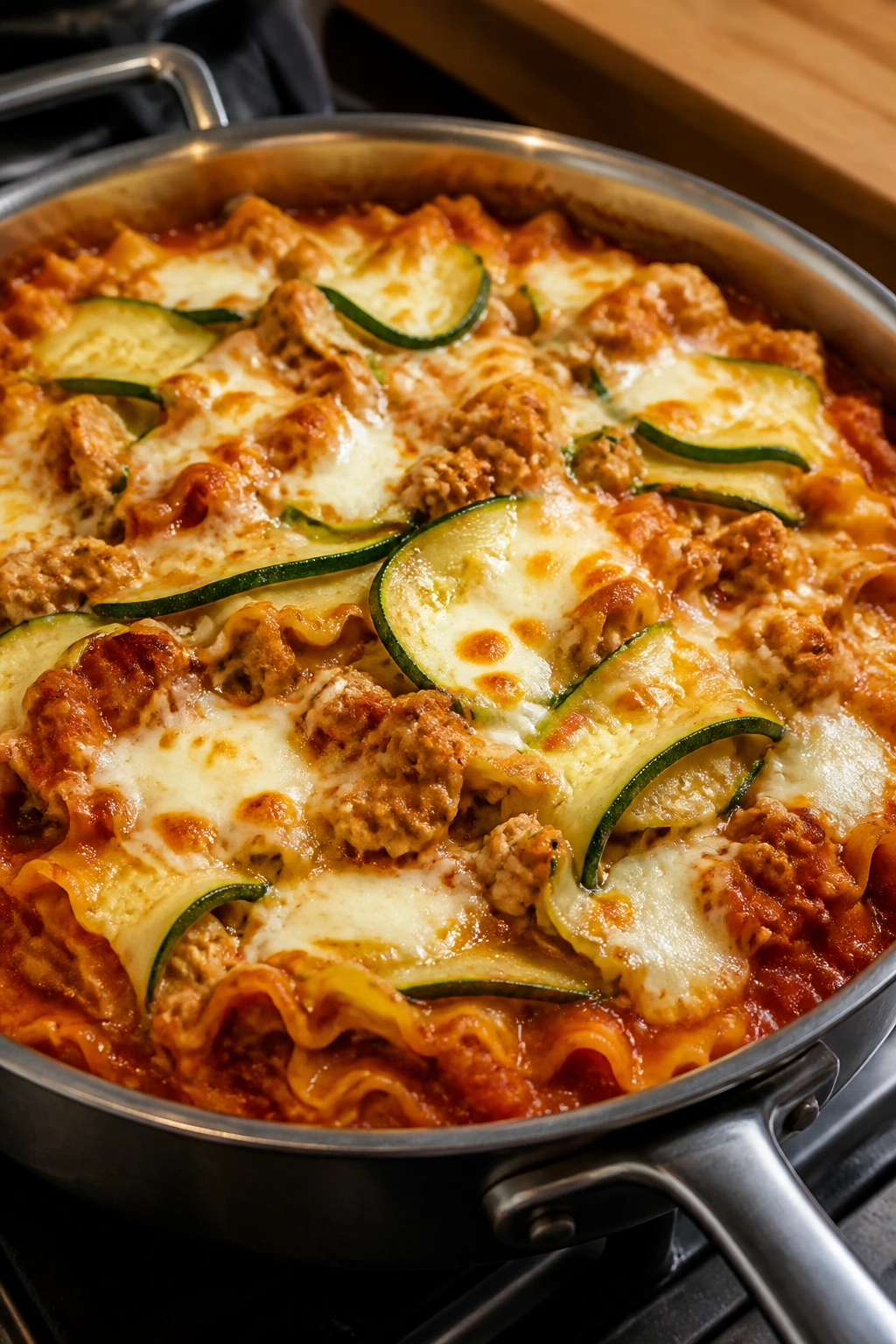 Skillet lasagna with turkey and zucchini bubbling with cheese