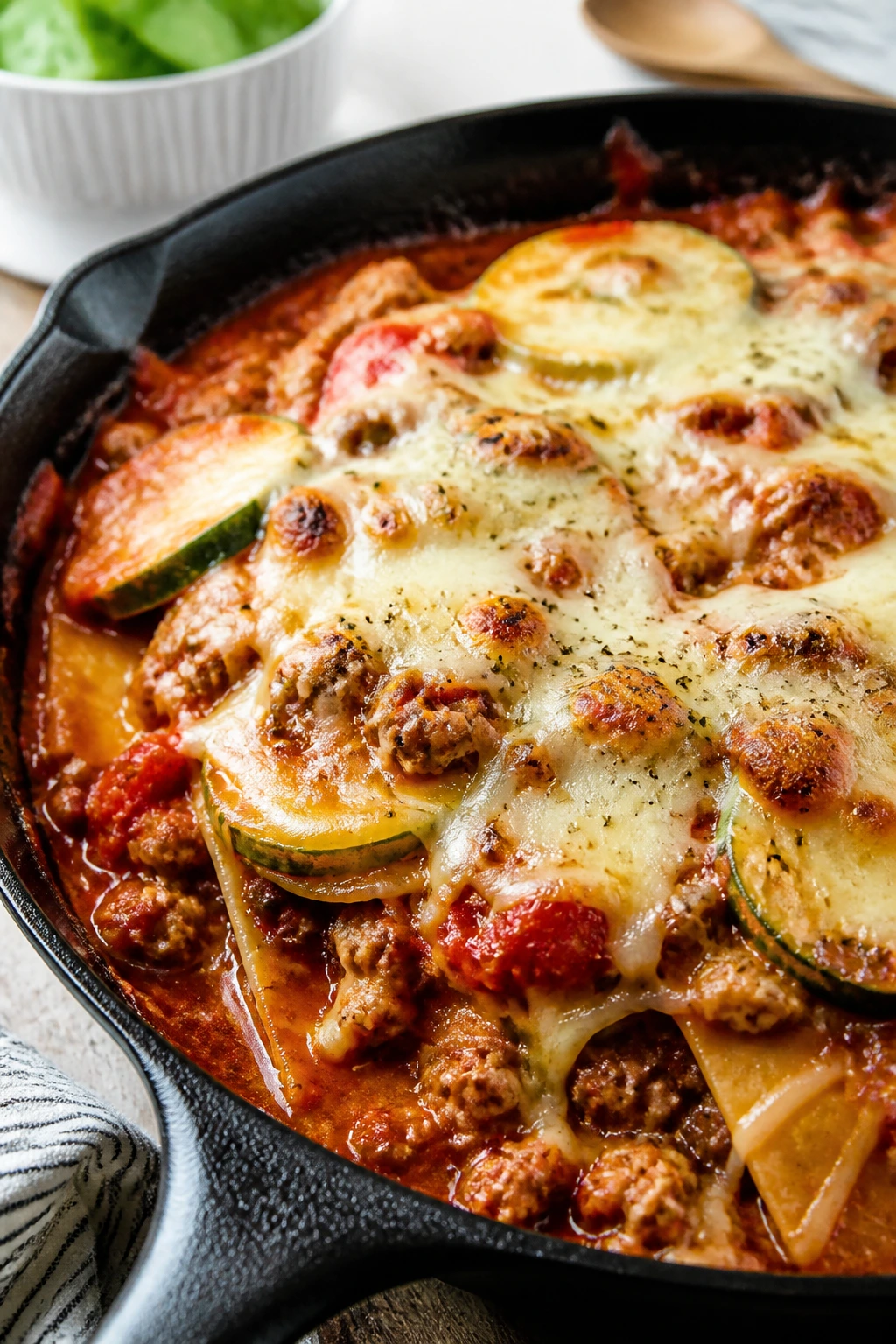 Turkey and zucchini skillet lasagna in a pan