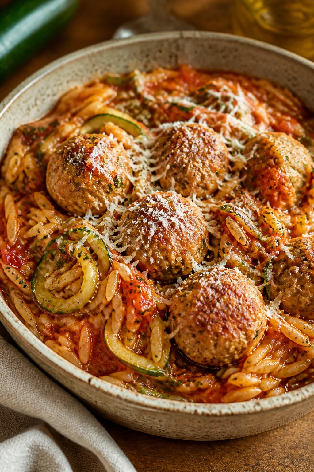 Close-up of turkey zucchini meatball orzo bowl with Parmesan