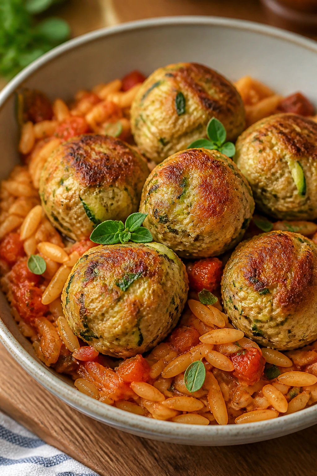 Close-up of turkey zucchini meatballs over orzo with tomato sauce in a warm kitchen