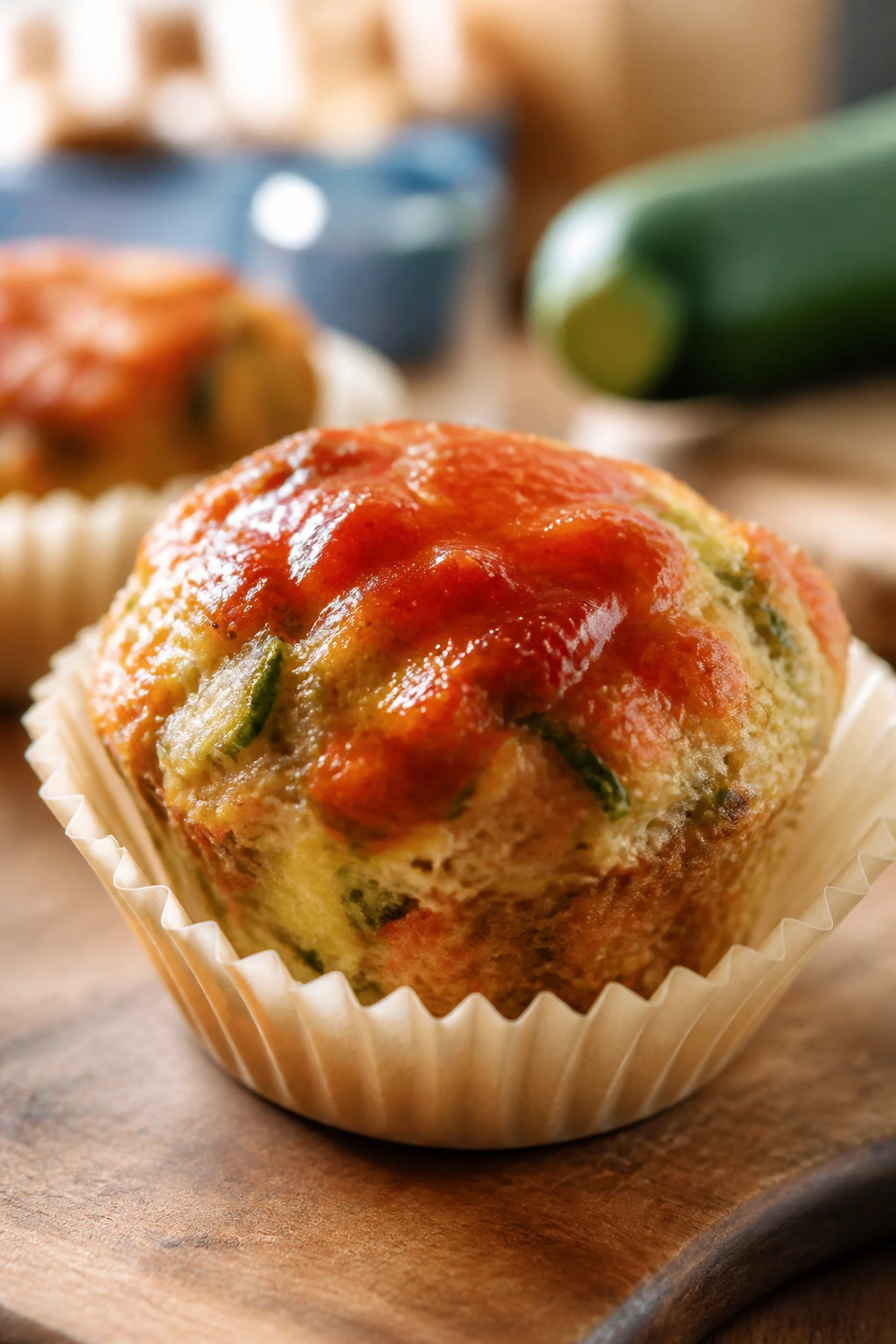 Close-up of turkey zucchini meatloaf muffin in muffin cup