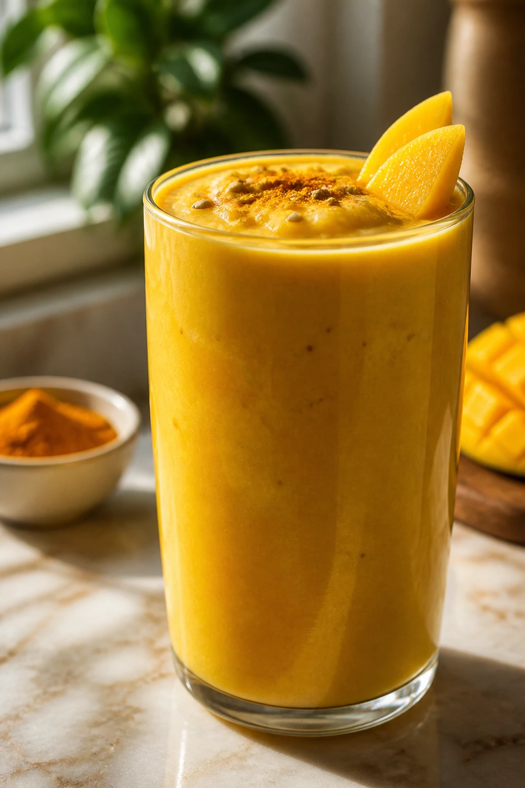 Close-up of Turmeric Mango Coconut Smoothie in a glass on a sunlit kitchen counter