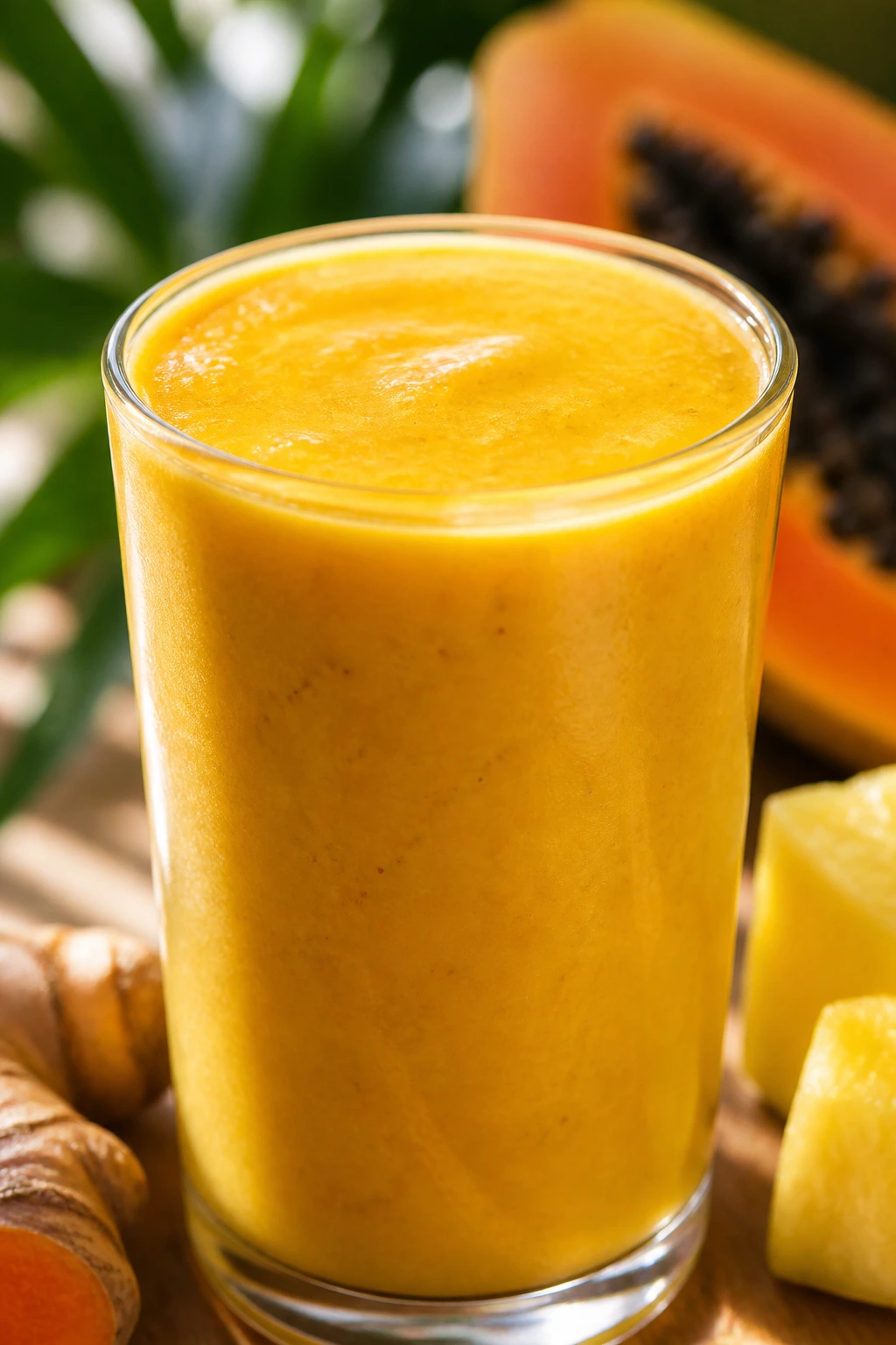 Close-up of Turmeric Papaya Pineapple Smoothie in glass, tropical kitchen setting