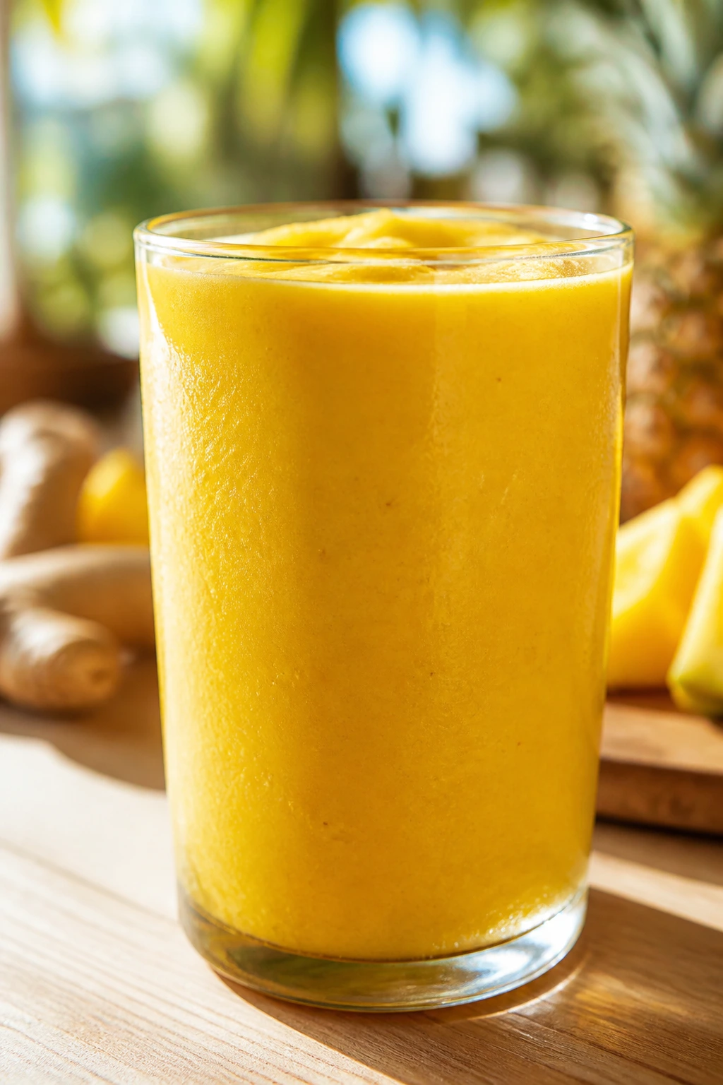Bright turmeric pineapple smoothie in glass on sunny kitchen counter