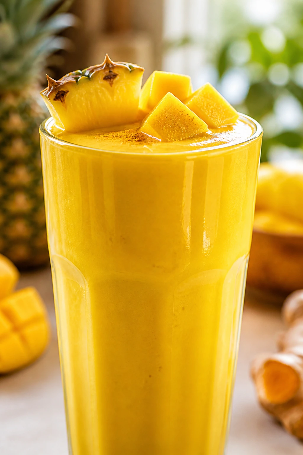 Bright golden turmeric smoothie in a glass on a sunny kitchen counter