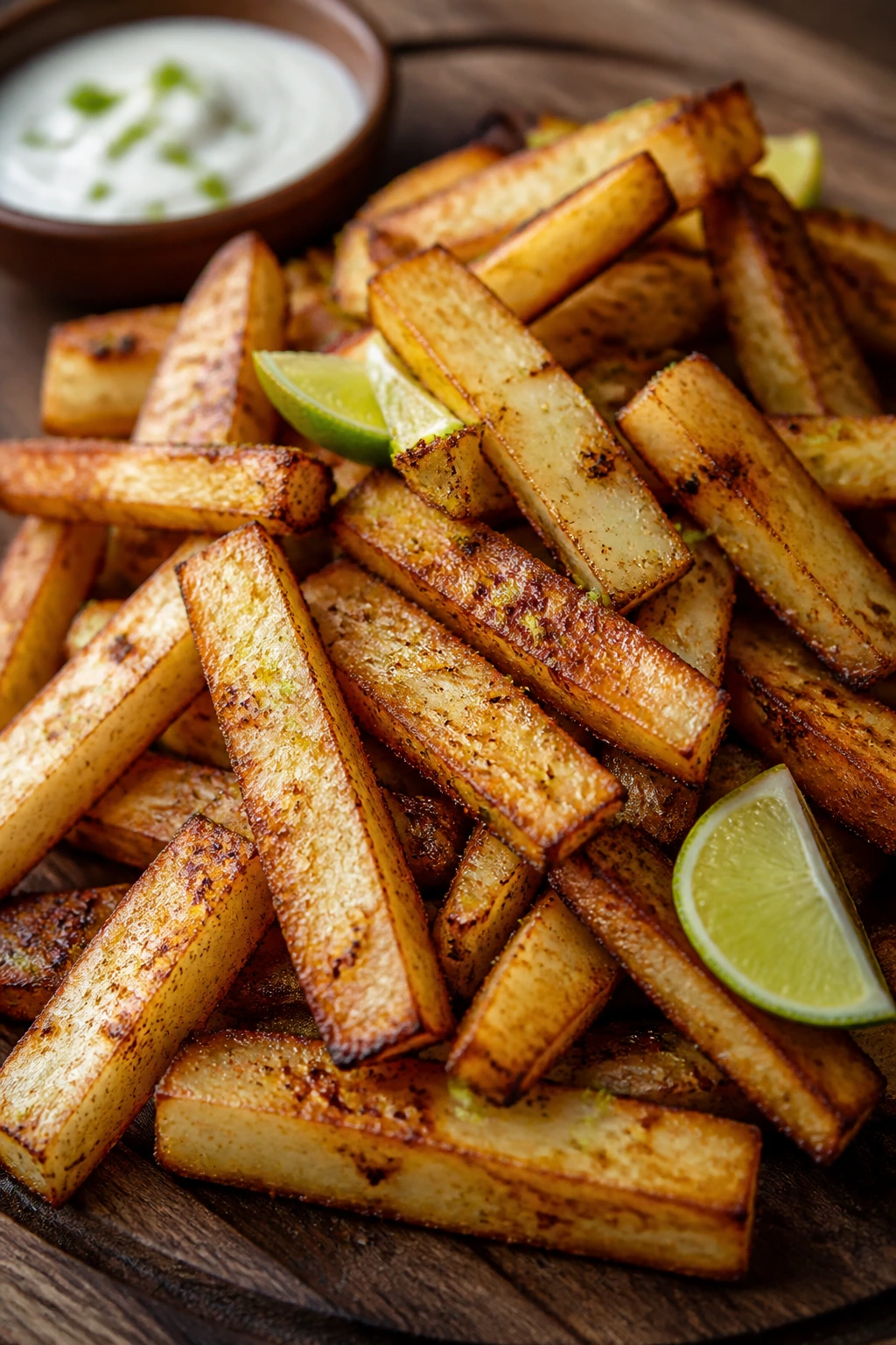 Close-up of cumin-lime turnip fries on a wooden board, crisp and golden.