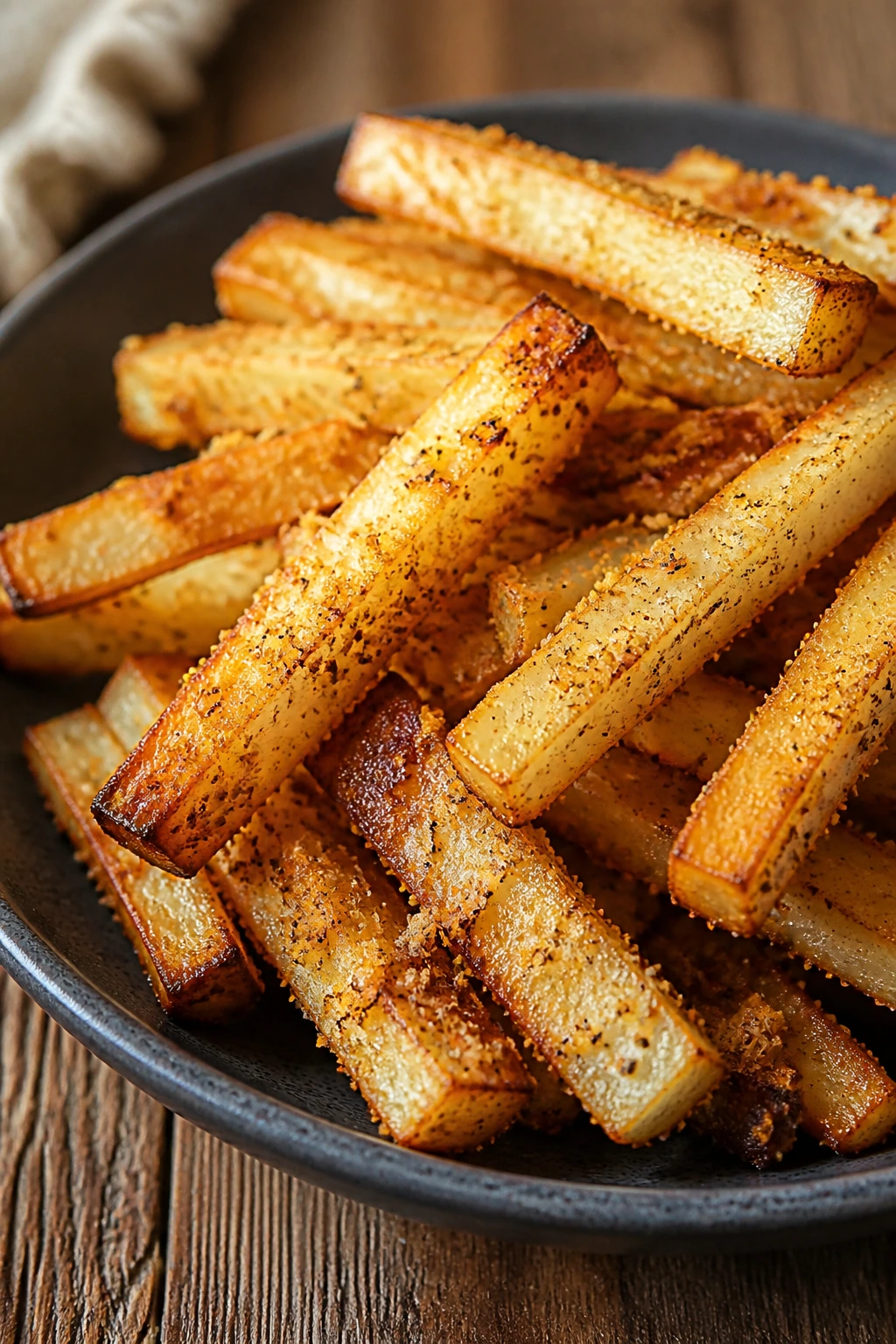 Close-up of parmesan-crusted turnip fries on a plate