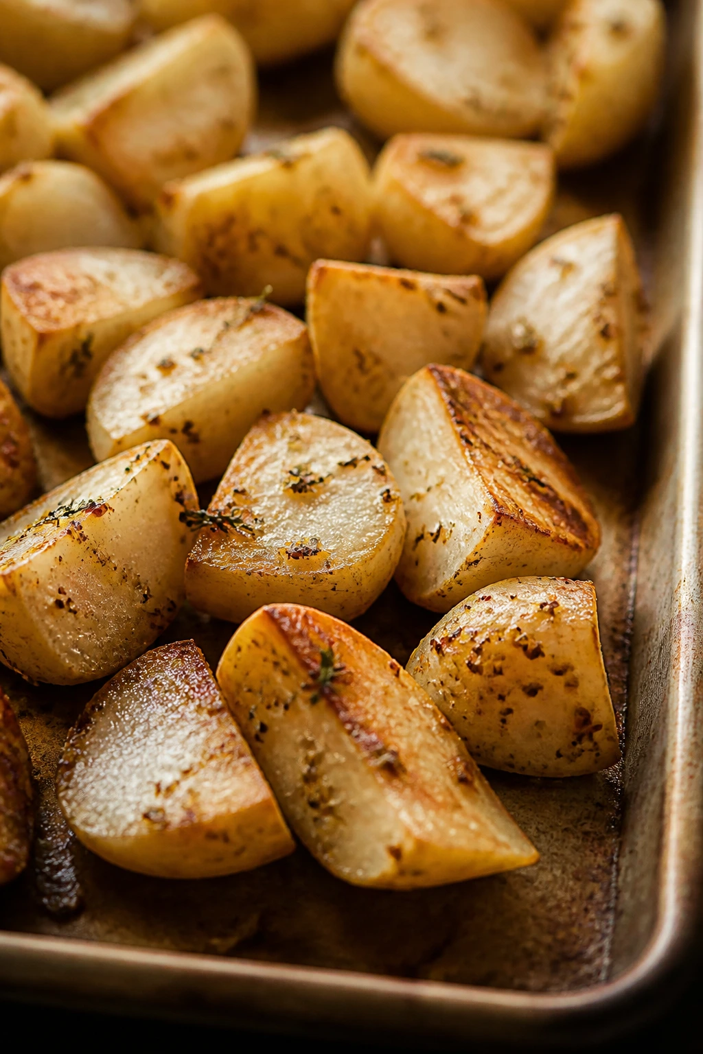 Close-up of Dijon-glazed roasted turnips with thyme
