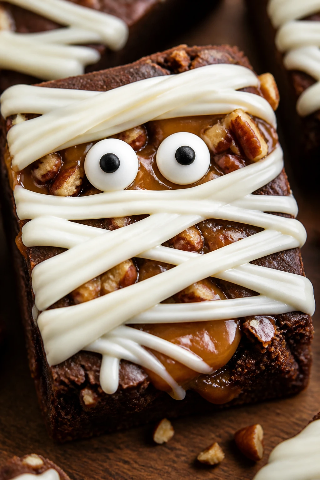 Close-up of turtle banded mummy brownie with caramel and pecans