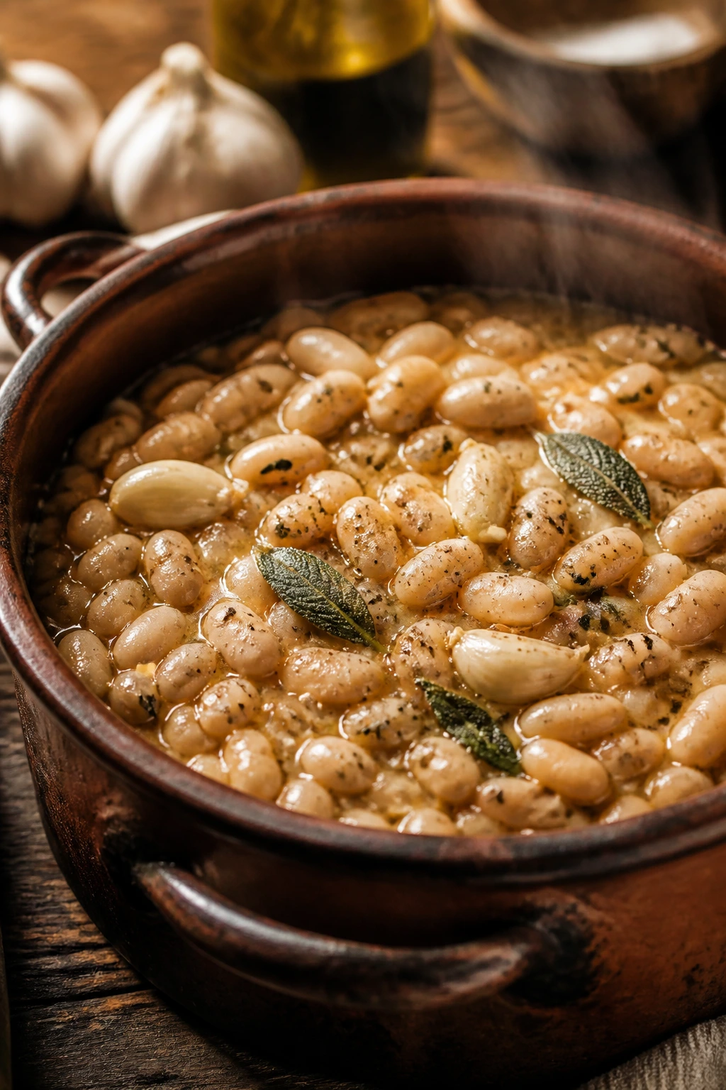 Rustic Tuscan bean pot with cannellini beans and sage in kitchen setting