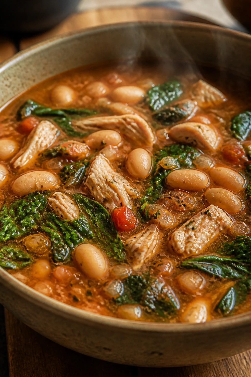 Close-up of Tuscan chicken cannellini stew in a rustic bowl