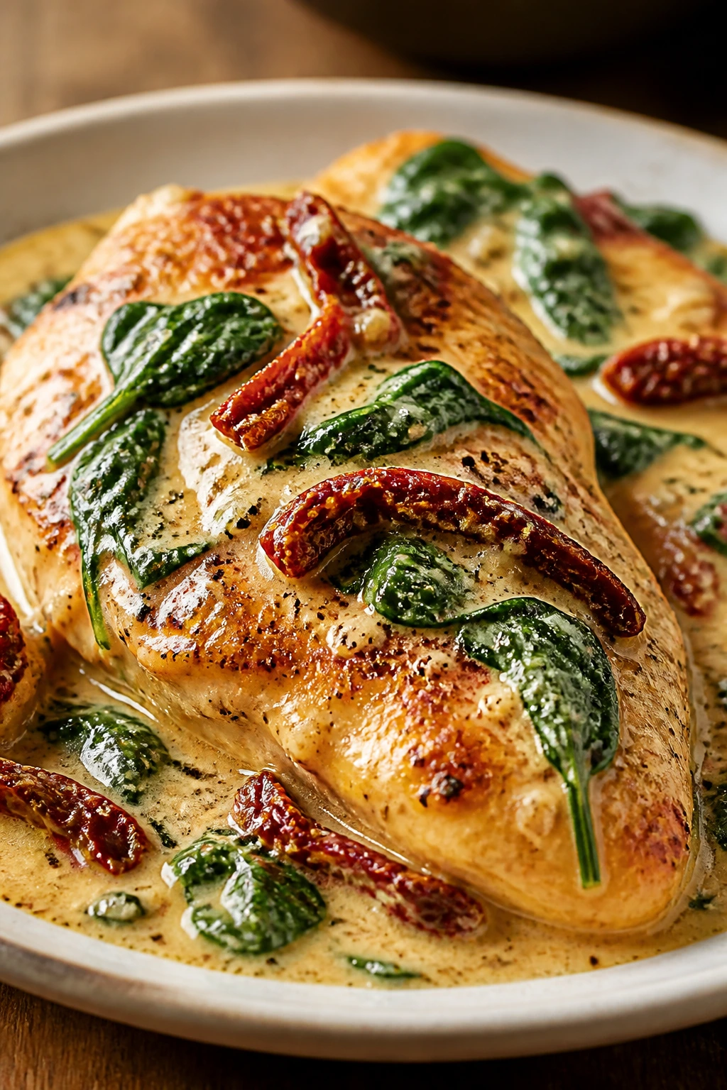 Close-up of Creamy Tuscan Chicken with parmesan cream sauce, spinach, sun-dried tomatoes