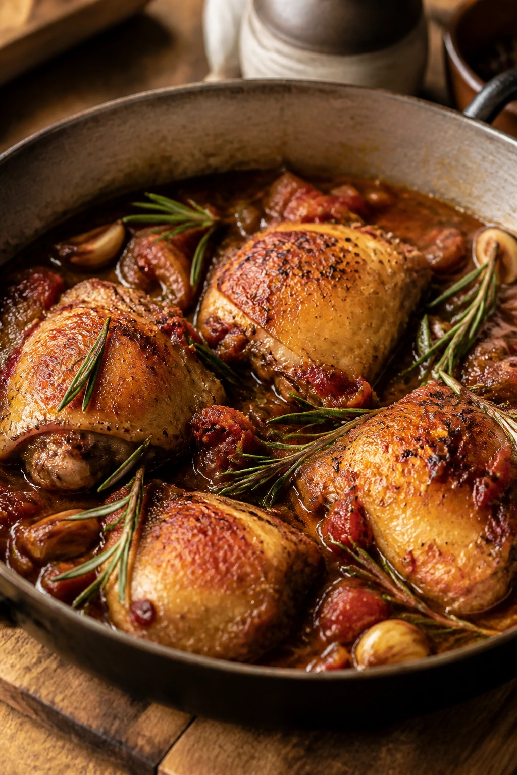 Skillet with Tuscan-style chicken in wine-tomato sauce and rosemary.