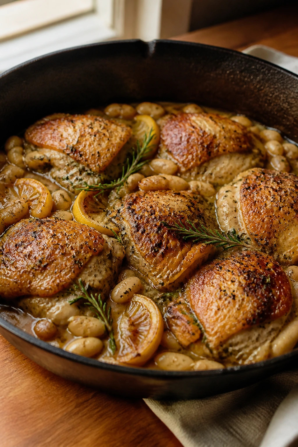 Close-up of Tuscan chicken with cannellini beans in a skillet on a wooden counter