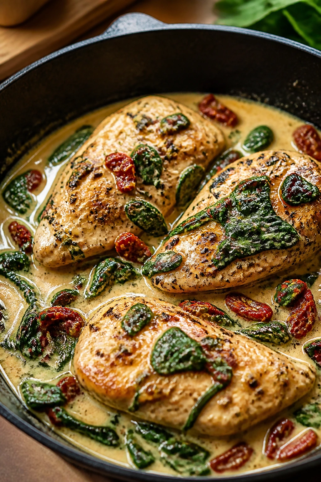 Creamy Tuscan chicken with spinach and sun-dried tomatoes in a skillet.