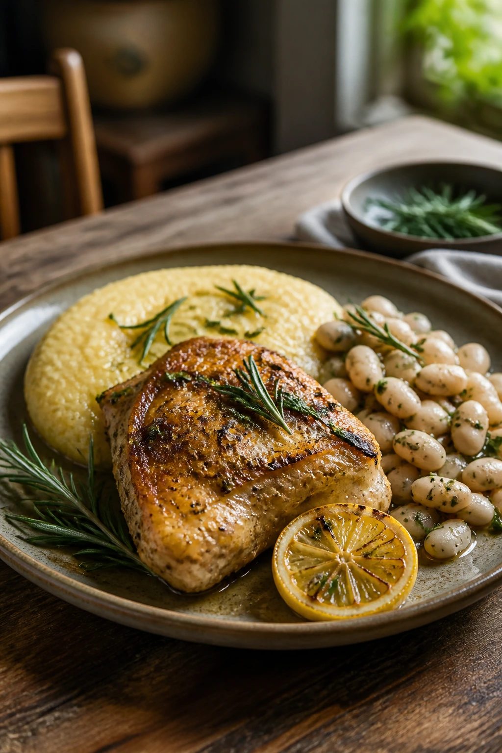 Plated Tuscan chicken with polenta and beans on rustic table