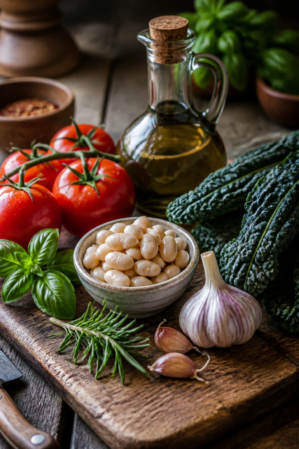 Still-life of Tuscan ingredients for a pizza bowl including olive oil, tomatoes, greens, beans, garlic, and herbs