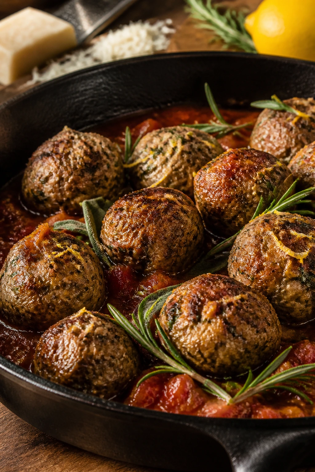Medium close-up of Tuscan herb meatballs with rosemary in sauce