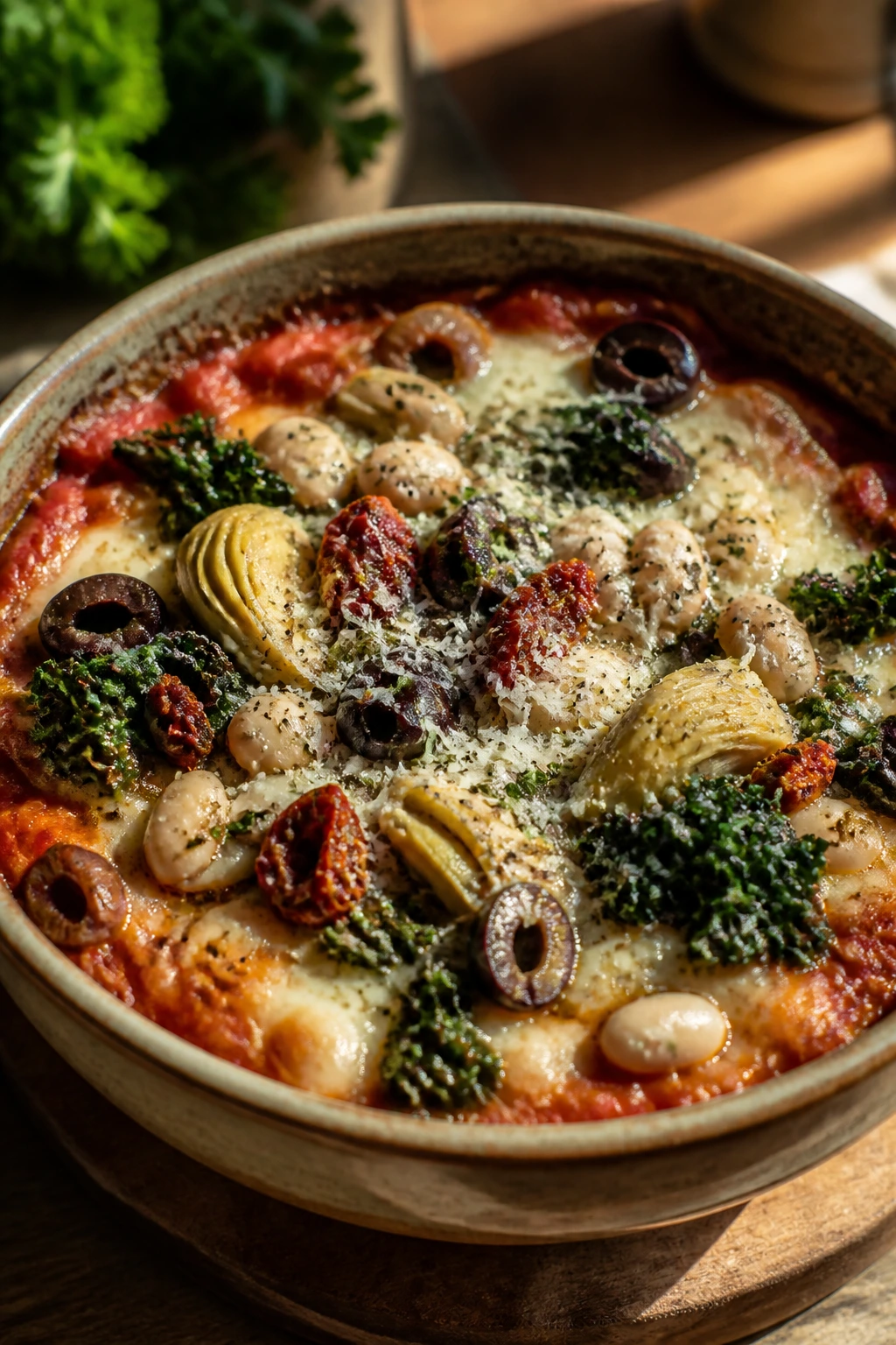 Close-up of a bubbling Tuscan pizza bowl with beans and greens on a rustic plate
