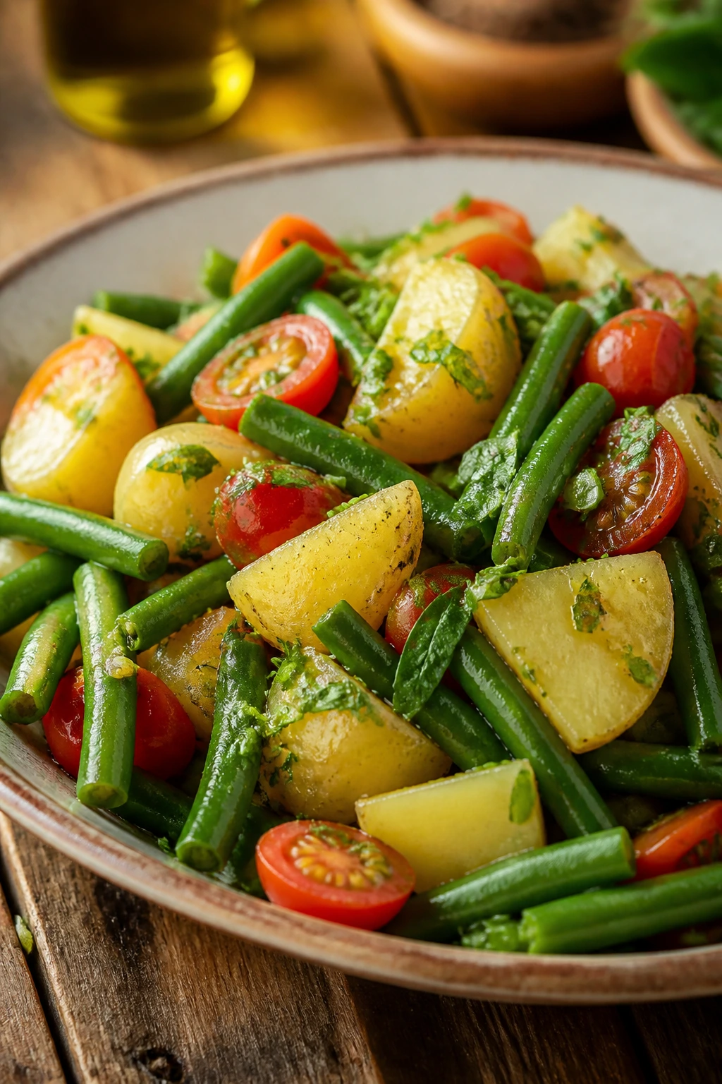 Close-up of Tuscan potato and green bean salad with olive oil dressing on a rustic table