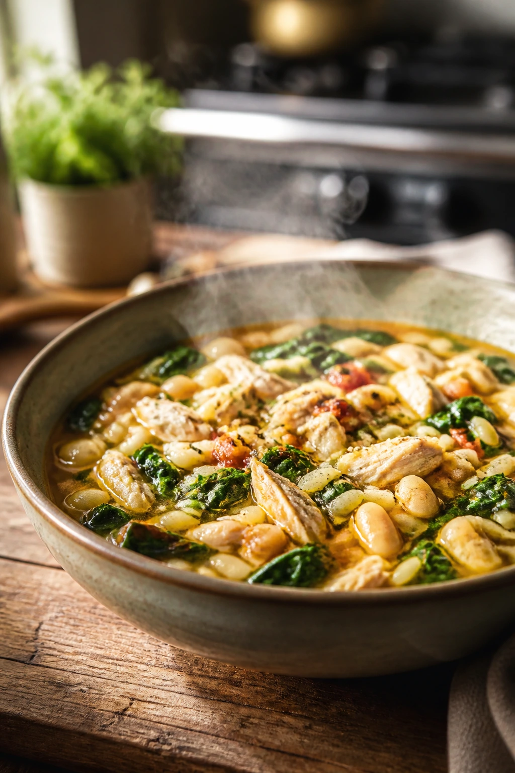 Close-up of steaming Tuscan chicken soup with orzo in a rustic bowl with greens