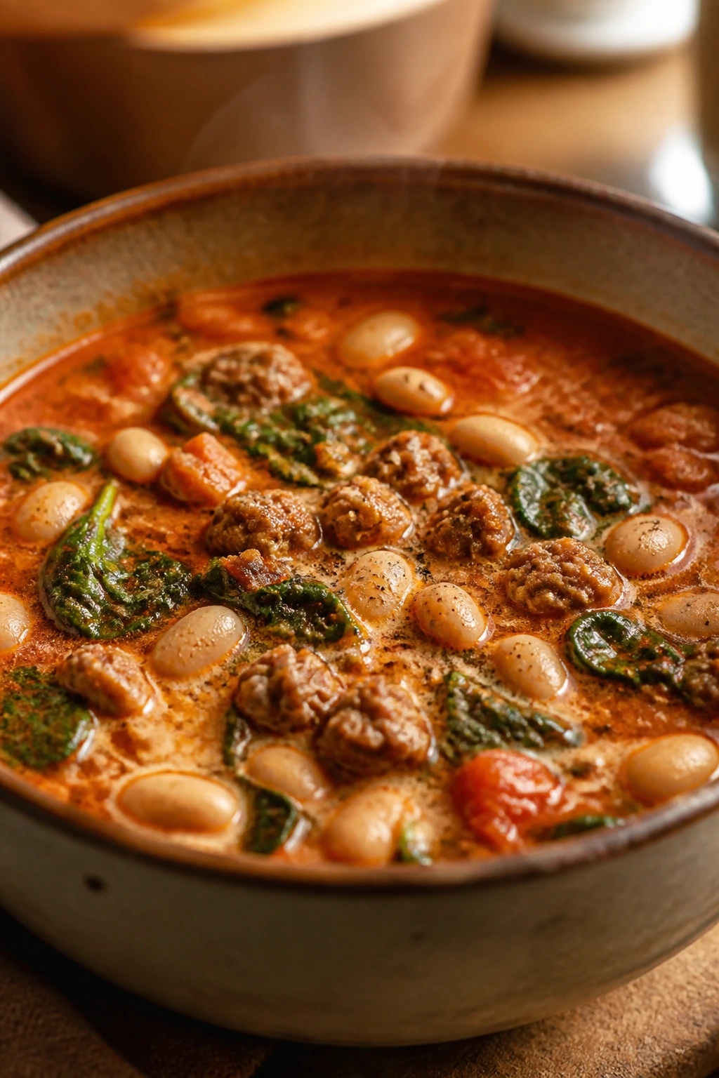 Close-up of Tuscan tomato soup with sausage beans and spinach in a creamy broth