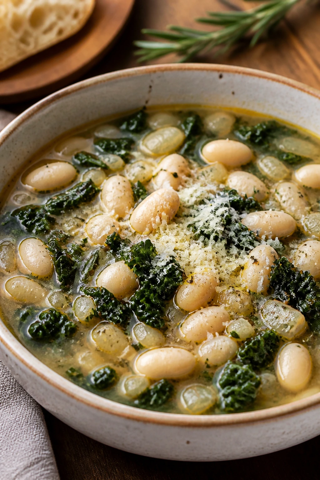 Tuscan white bean kale soup in a rustic bowl