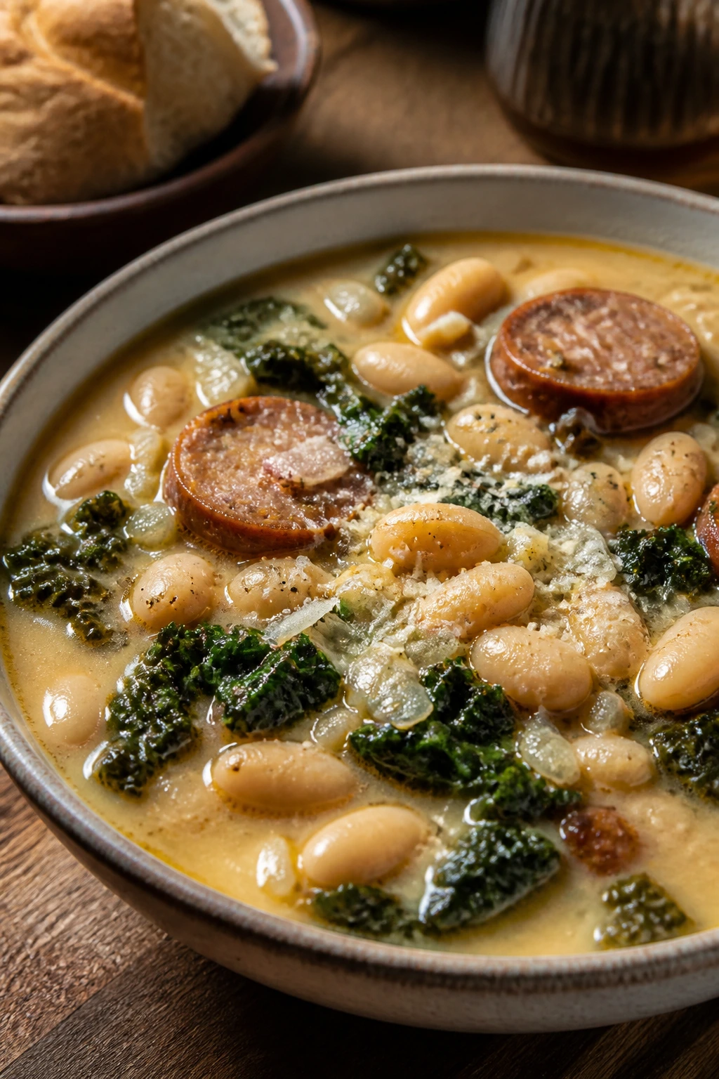 Tuscan white bean soup in a bowl with sausage and kale