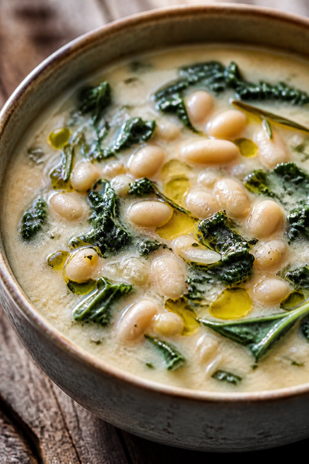 Close-up of creamy Tuscan White Bean Soup in a rustic bowl on a wooden table