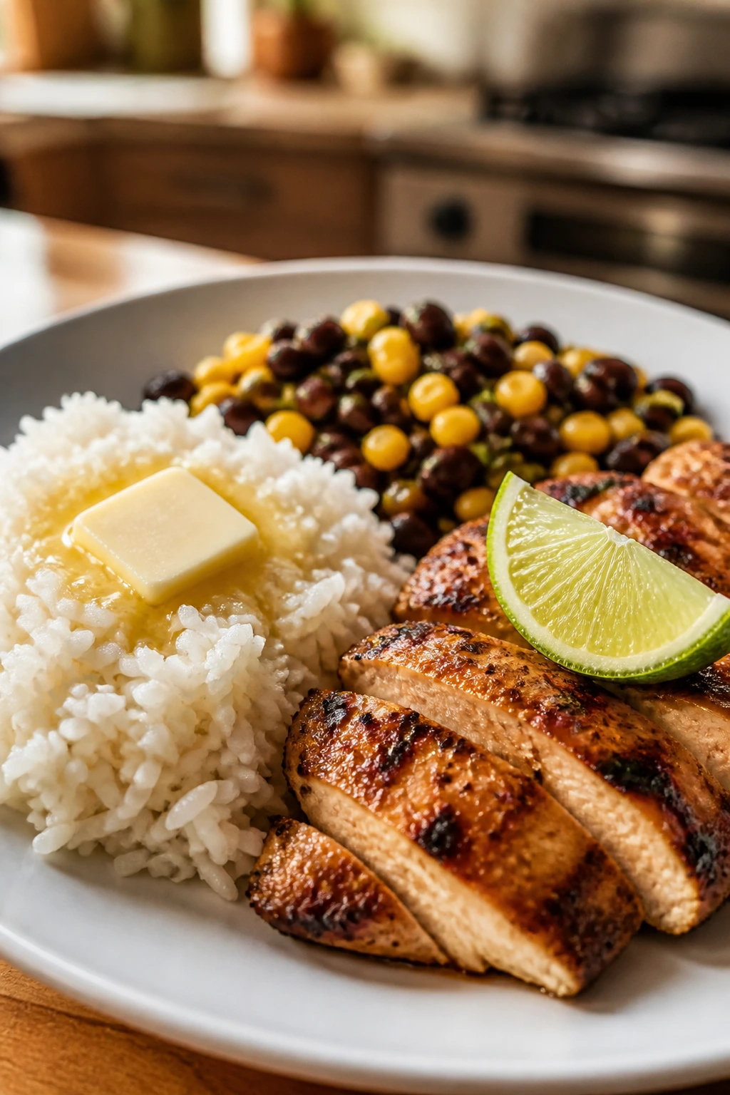 Plate with butter melting into rice and a lime finish on a warm kitchen counter