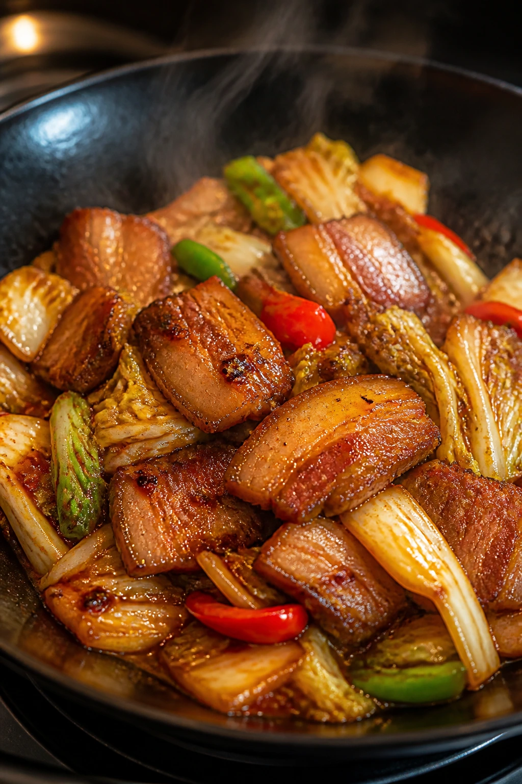 Pork belly slices with crisp edges in red doubanjiang glaze