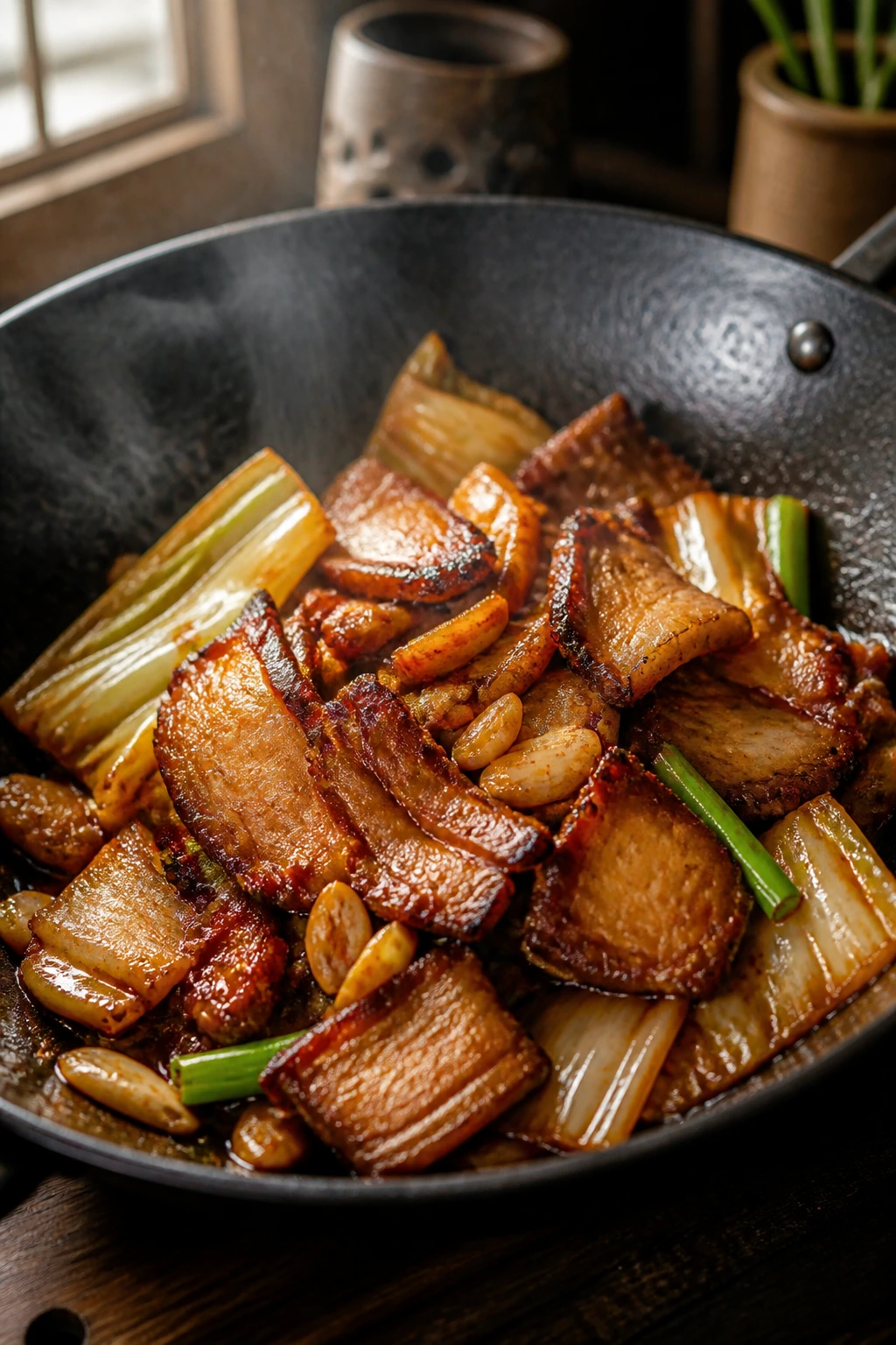 Close-up of glossy Twice-Cooked Pork slices in chili bean sauce with cabbage in a wok