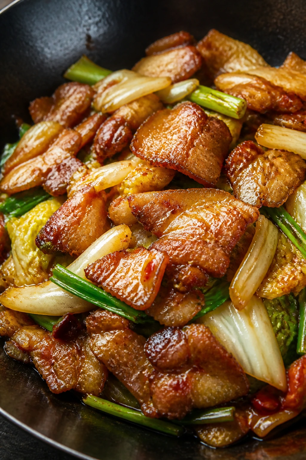 Close-up of glossy sliced pork with napa cabbage in a dark wok