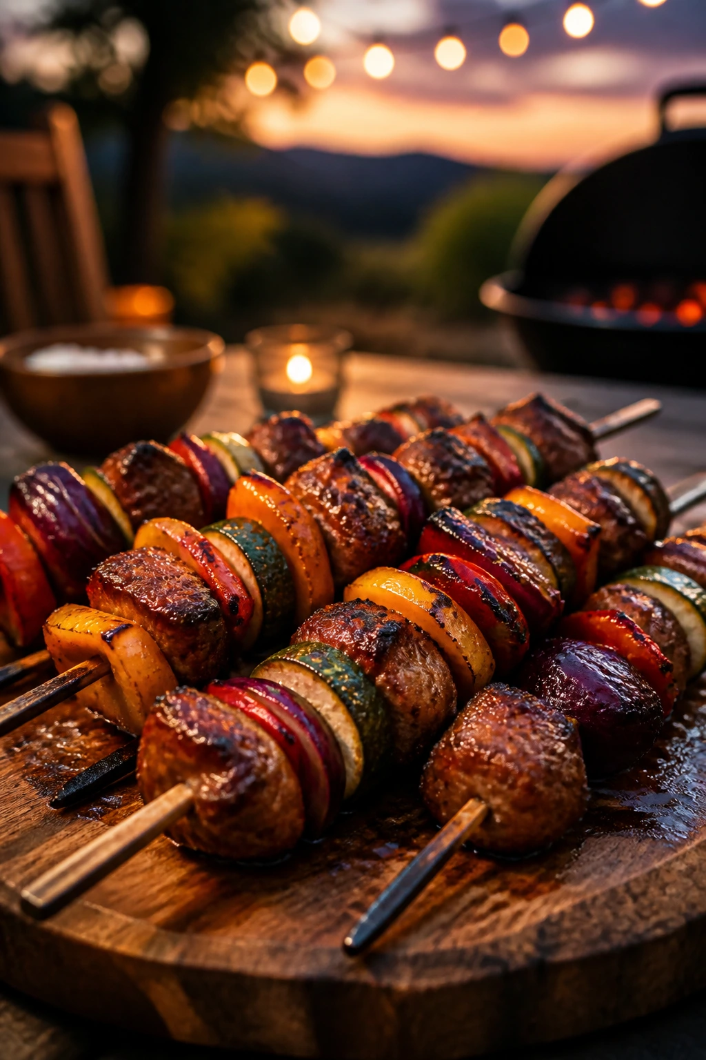 Close-up of grilled skewers on a wooden platter in twilight backyard